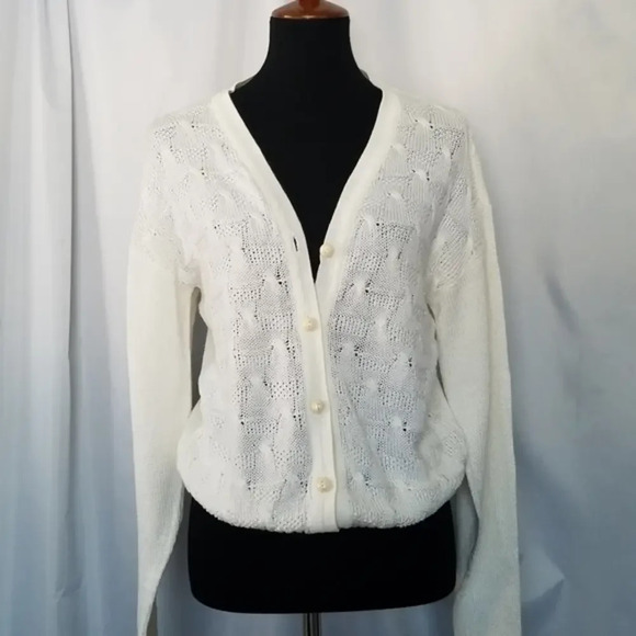 Vintage Sweaters - Vintage‎ White Textured Tight Knit Cardigan Button Down V neck